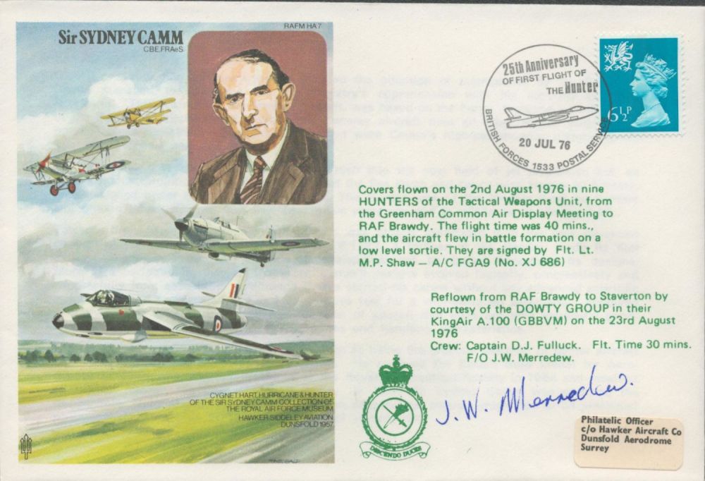 Lot 722: F/O JW Merridew Signed Sir Sydney Camm Flown...