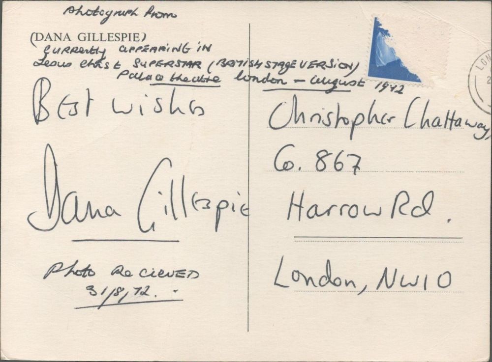 Lot 205: Dana Gillespie signed 6x4 black and white postcard...