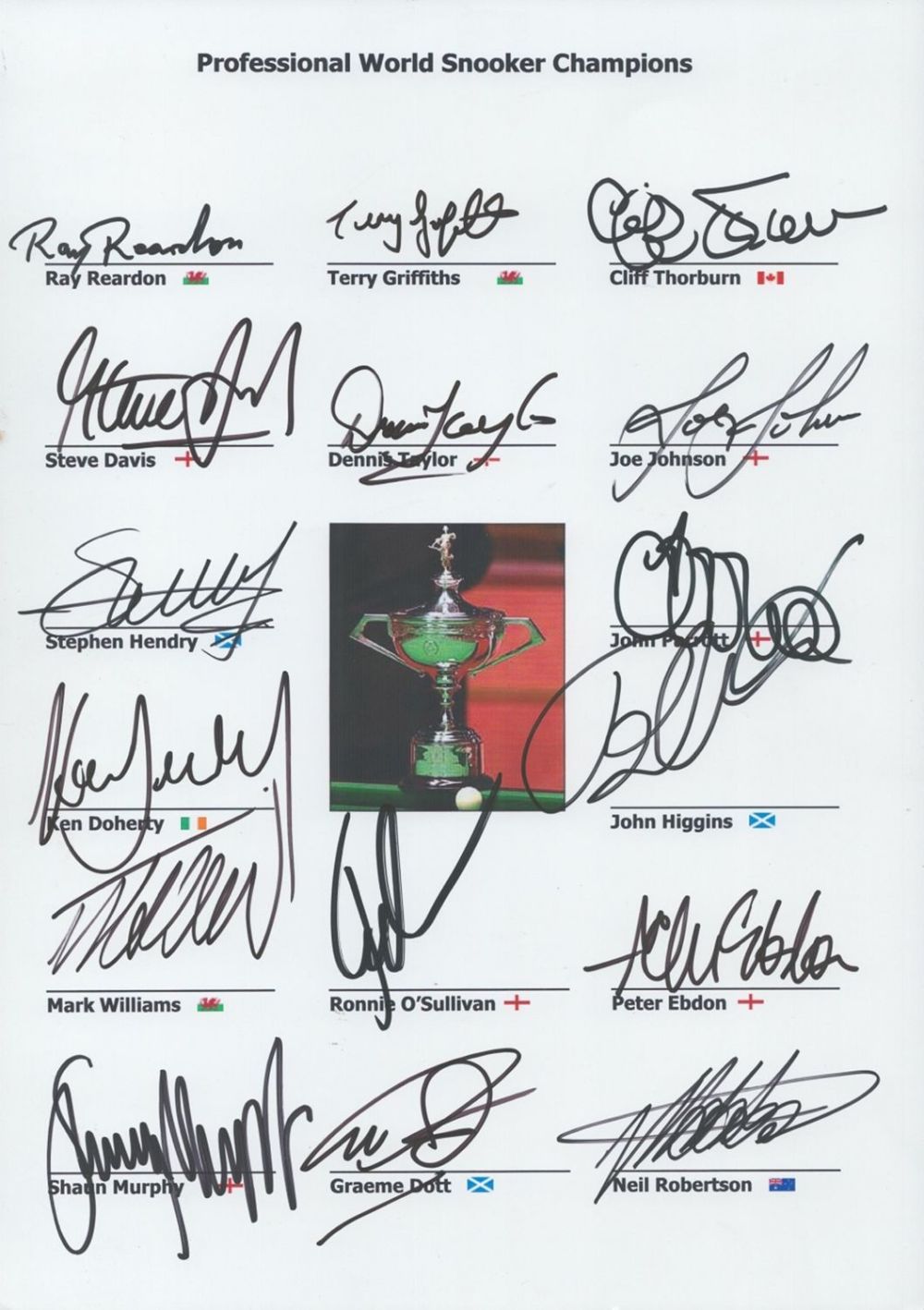 Lot 336: Professional World Snooker Champions Multi signed photo sheet....