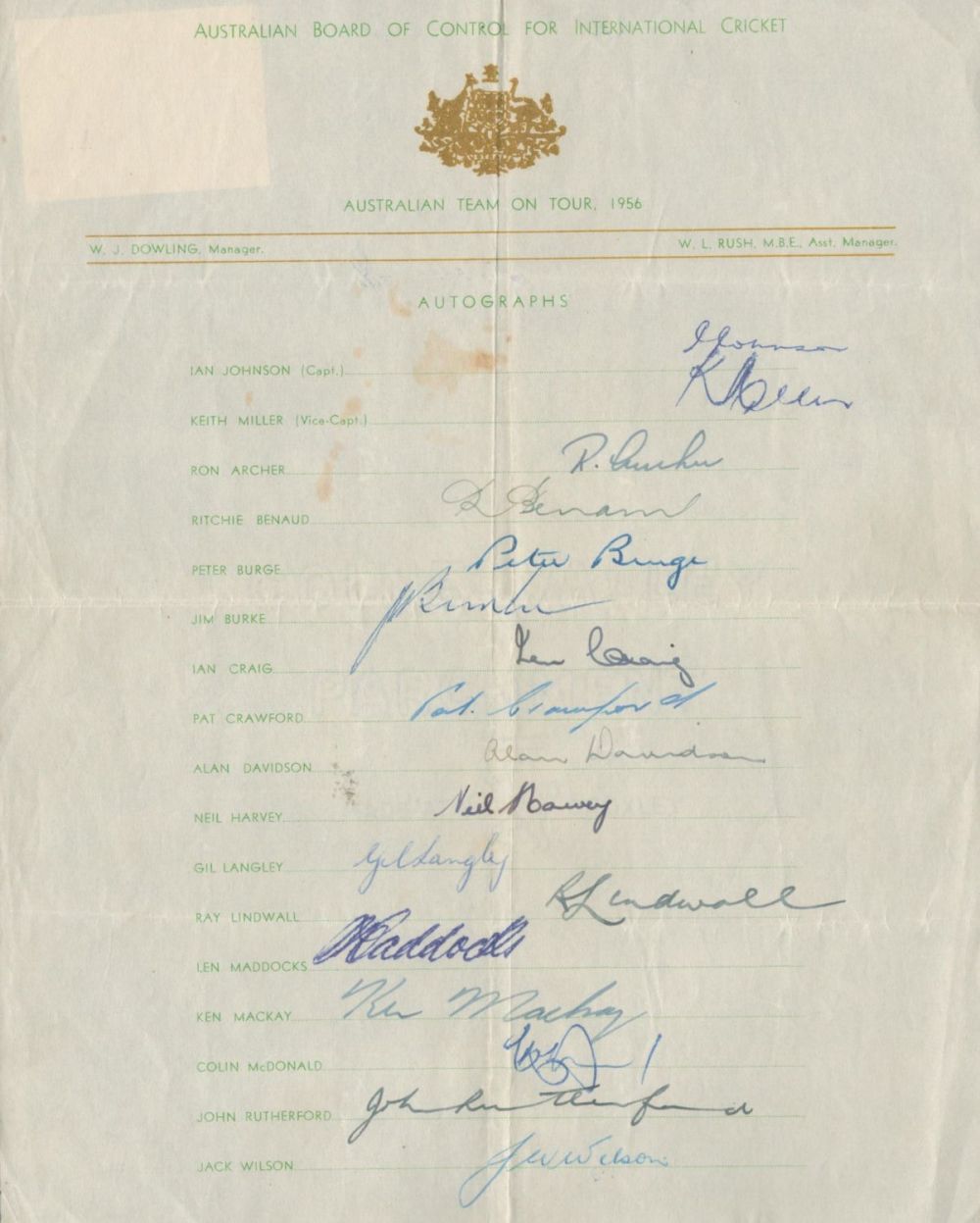 Lot 389: Australian Team on tour 1956 signed team sheet....