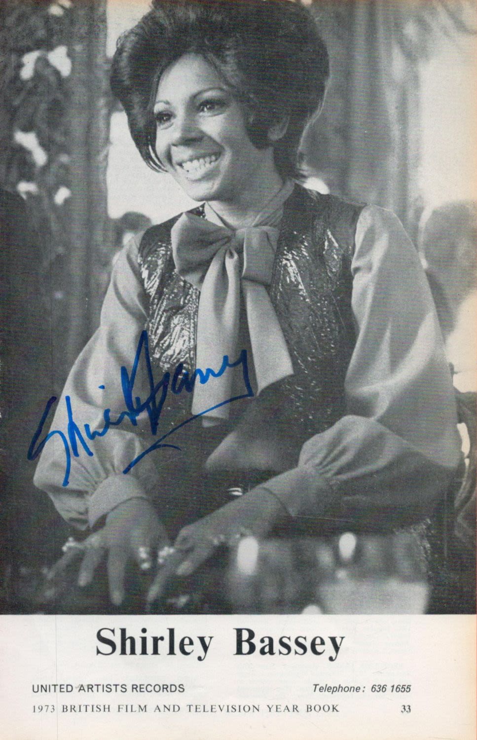 Lot 518: Shirley Bassey Singer Signed 1973 Picture. Good condition....