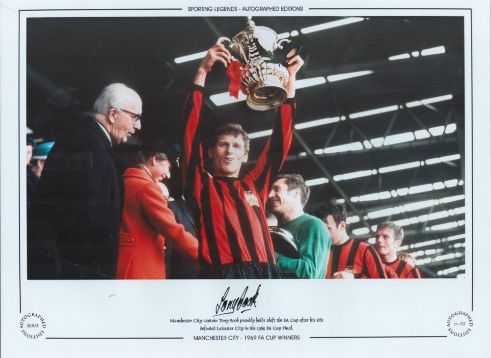 Lot 483: Tony Books 12x16 Manchester City Signed Coloured Autographed...