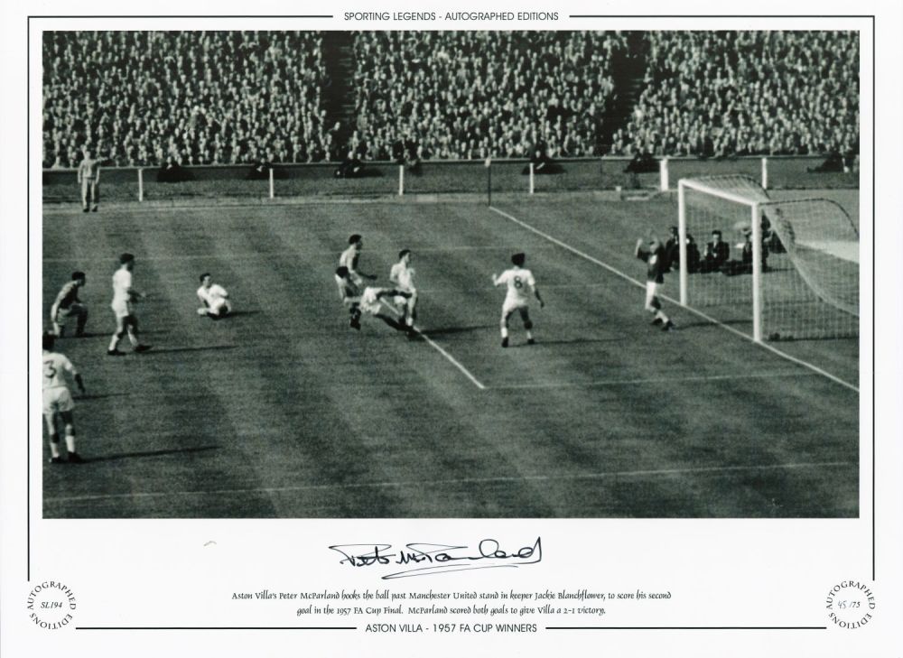 Lot 484: Peter McParland Aston Villa 12x16 Signed black and...