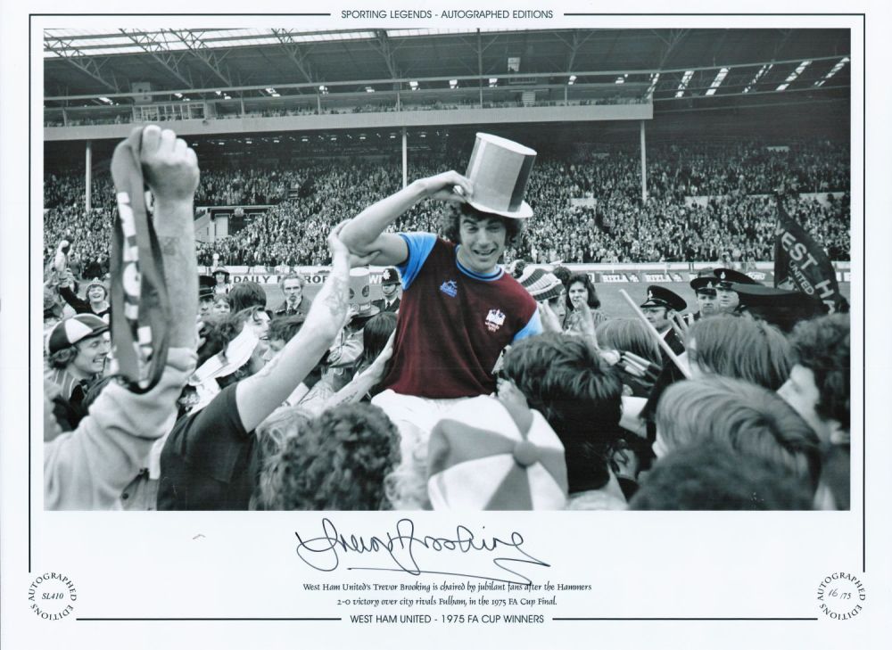 Lot 501: Trevor Brooking West Ham United 12x16 Signed colourised,...