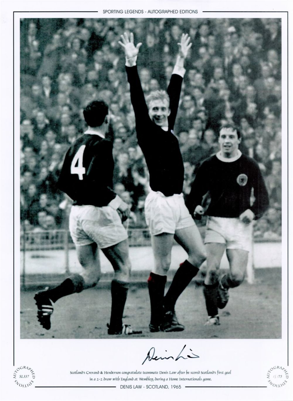 Lot 548: Denis Law Scotland 12x16 Signed colourised, Autographed Editions,...