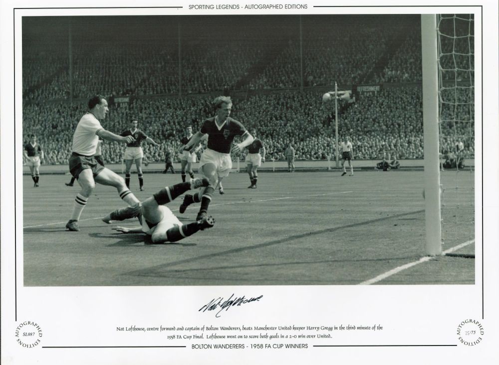 Lot 570: Nat Lofthouse Bolton Wanderers 16x12 Signed black and...