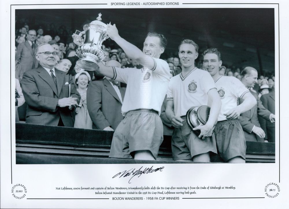 Lot 577: Nat Lofthouse Bolton Wanderers 16x12 Signed black and...