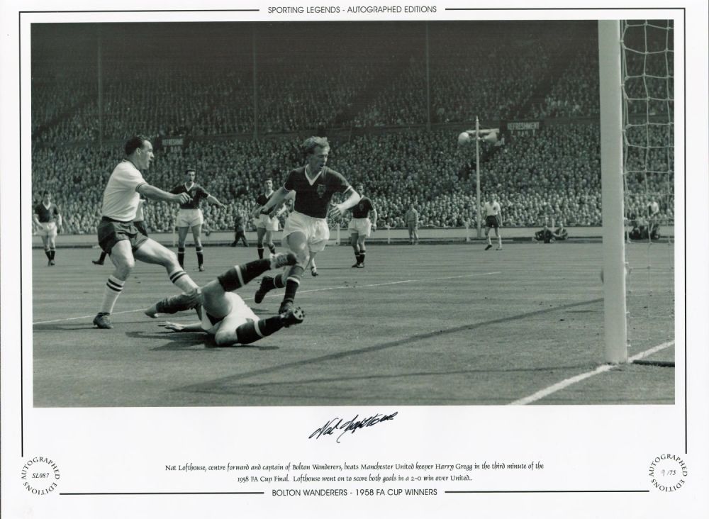 Lot 581: Nat Lofthouse Bolton Wanderers 16x12 Signed black and...