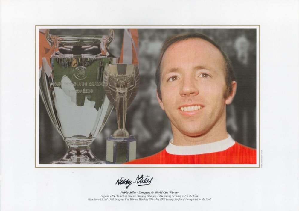 Lot 608: Nobby Stiles signed 16 x 12 coloured photo....