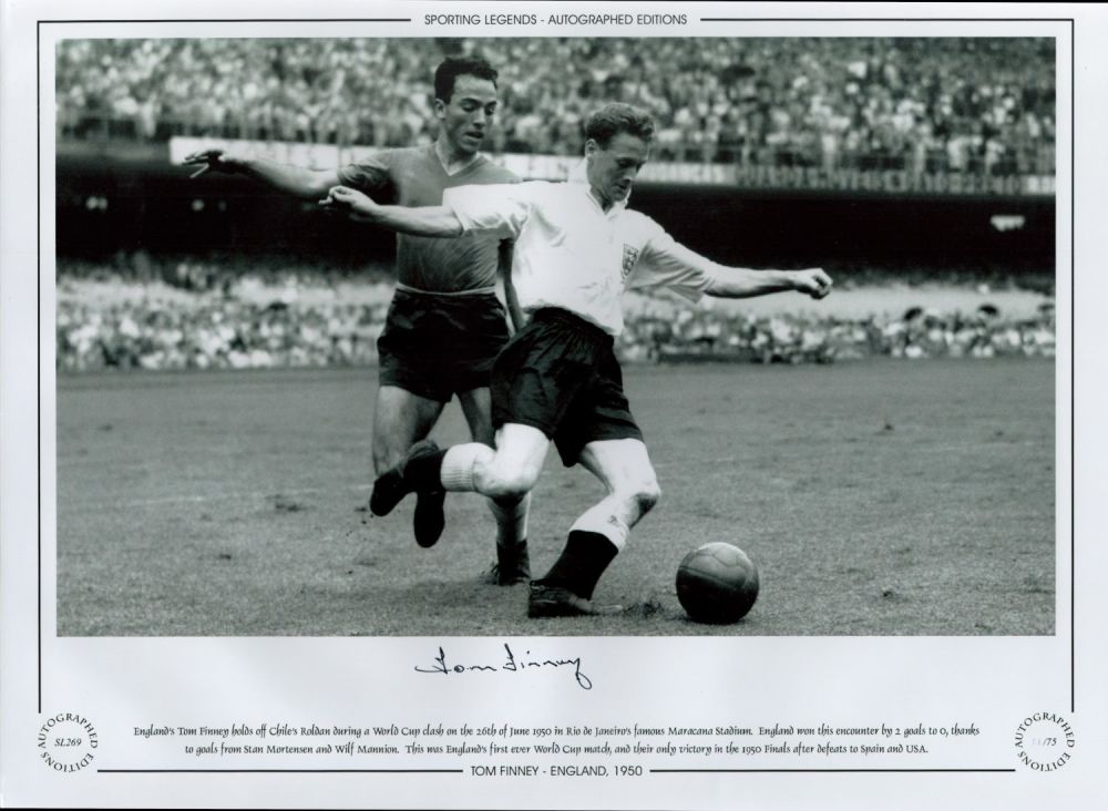 Lot 704: Tom Finney Signed 16 x 12 Black and...