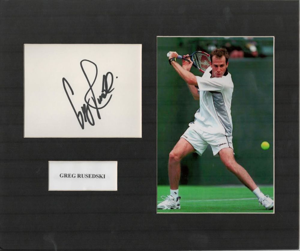 Lot 596: Greg Rusedski 10x12 overall size mounted signature piece....