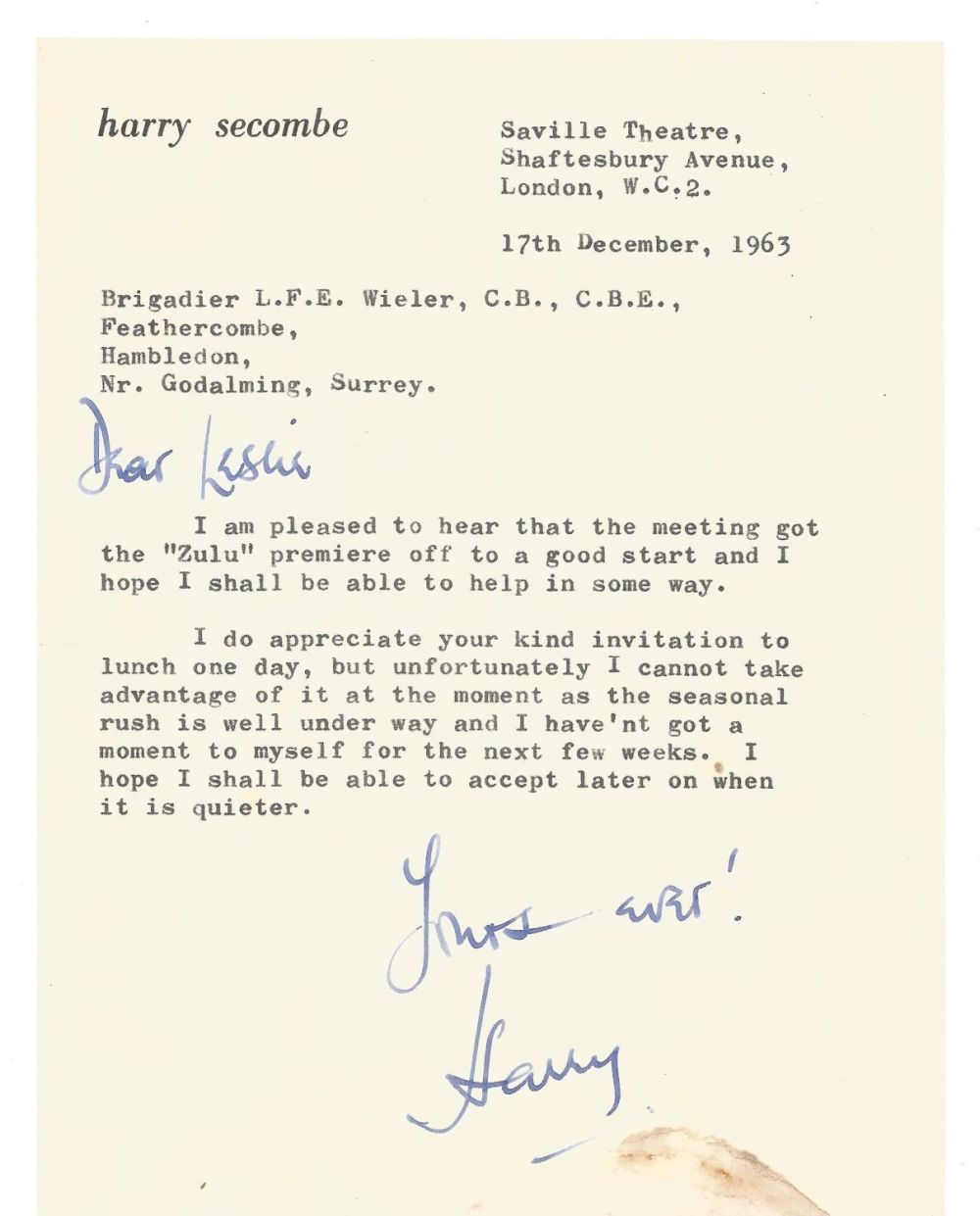 Lot 88: Sir Harry Secombe (signed 'Harry') TLS dated 17th...