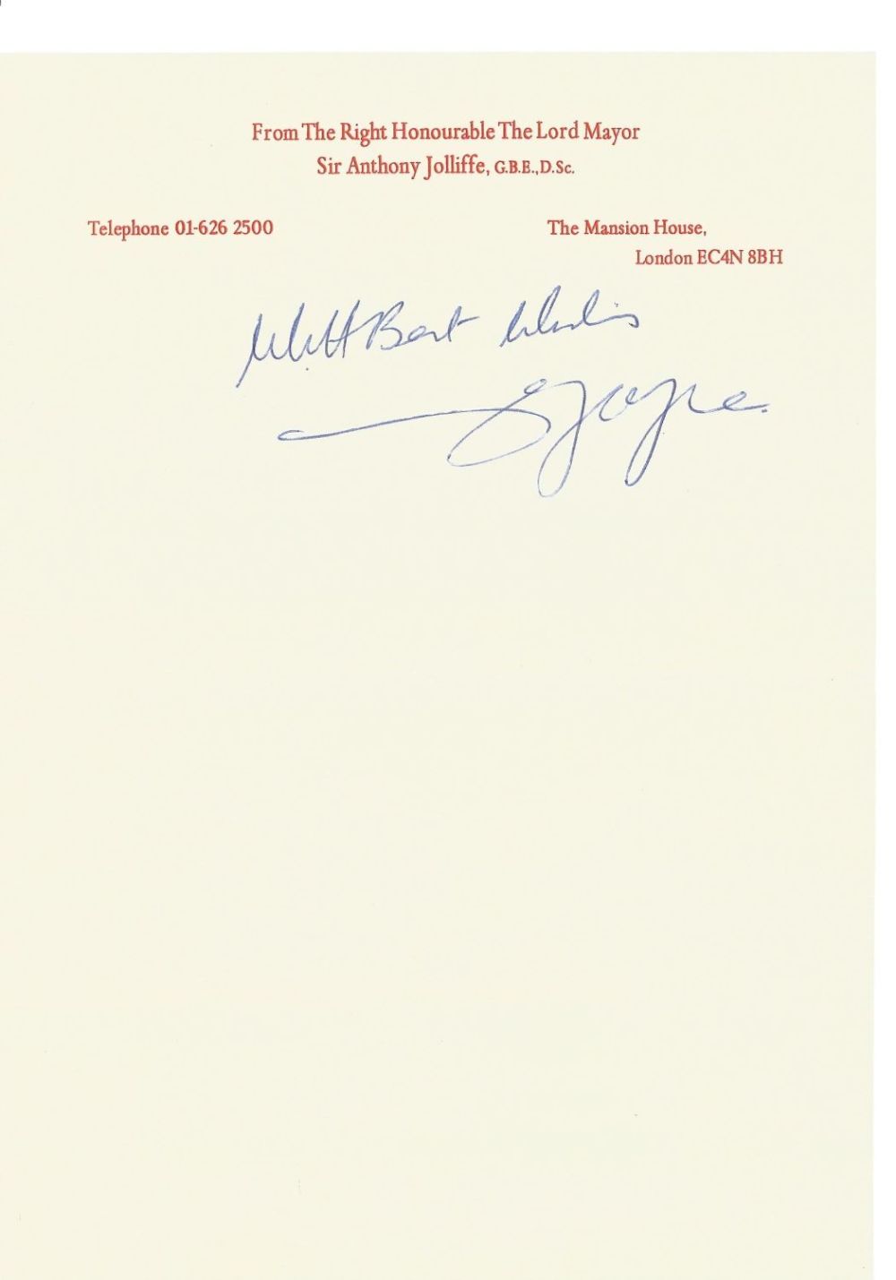 Lot 97: Lord Mayor Sir Anthony Joliffe GBE DL DSc...