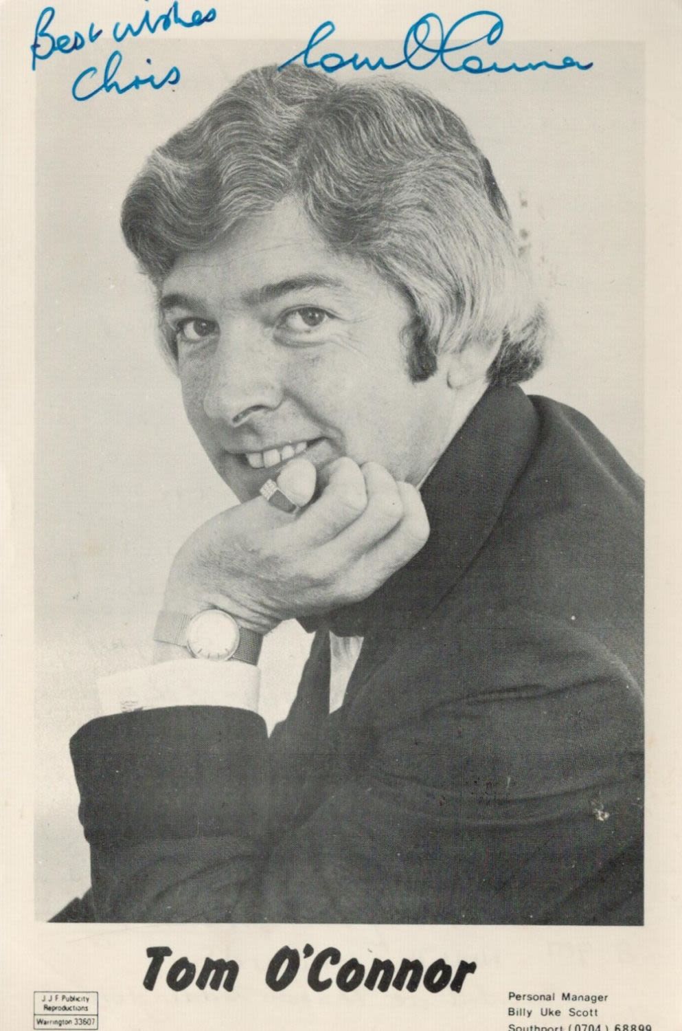 Lot 214: Tom O'Connor signed 6x4 black and white photo....