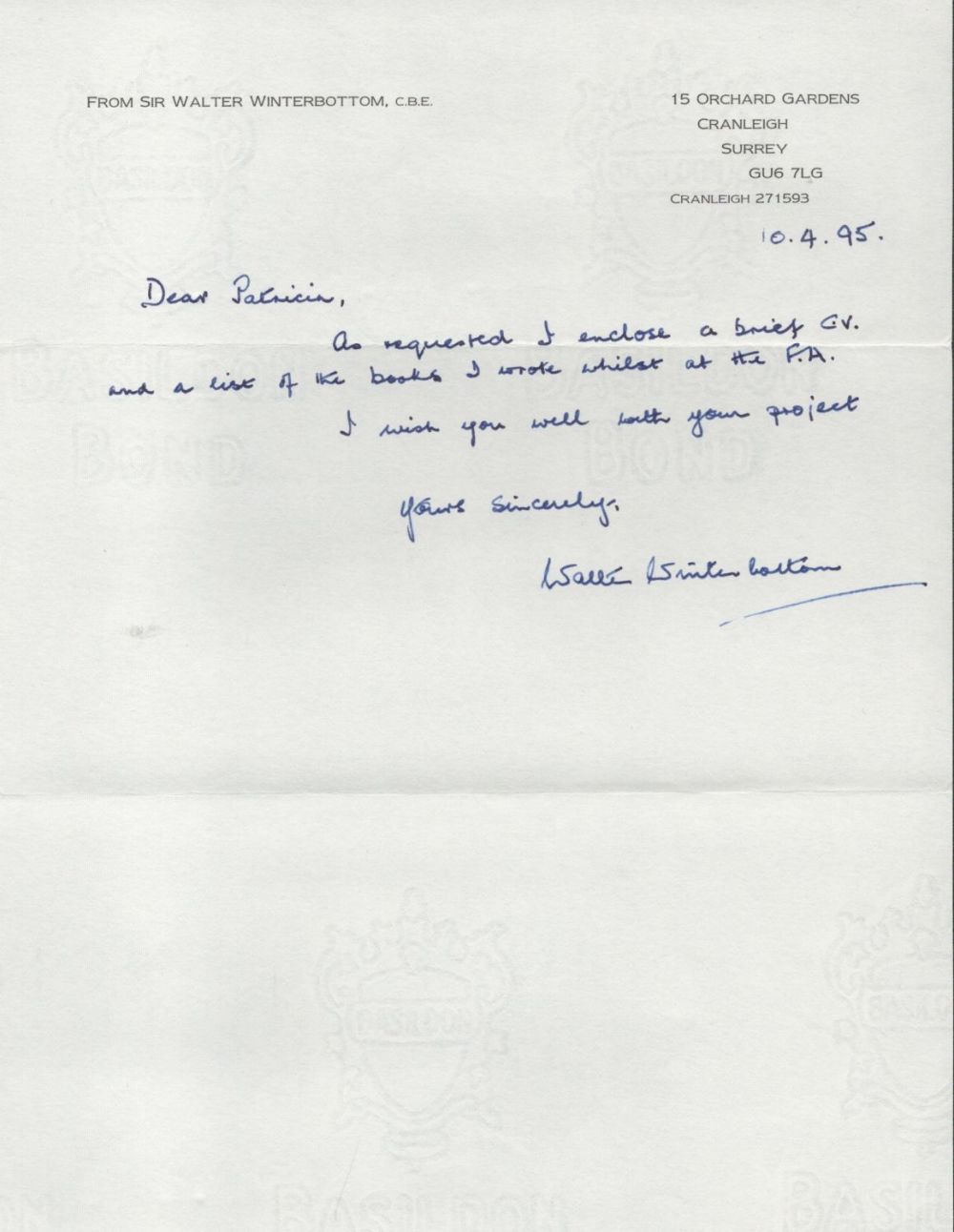 Lot 392: Football Sir Walter Winterbottom Signed ALS Dated 10....