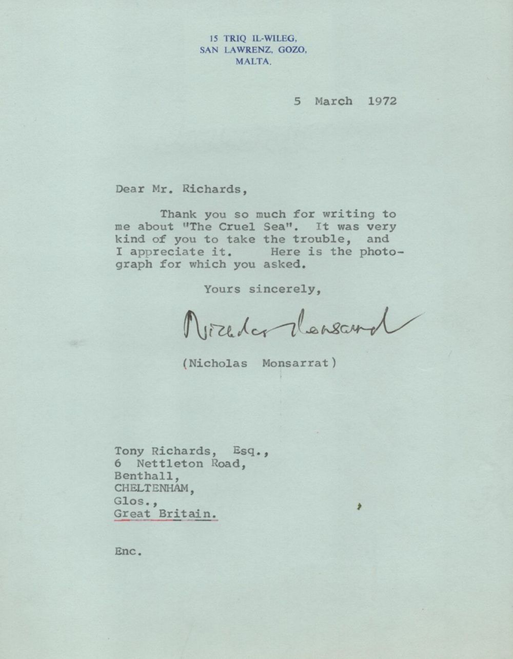 Lot 416: British novelist Lt Cdr Nicholas Monserrat Signed TLS...