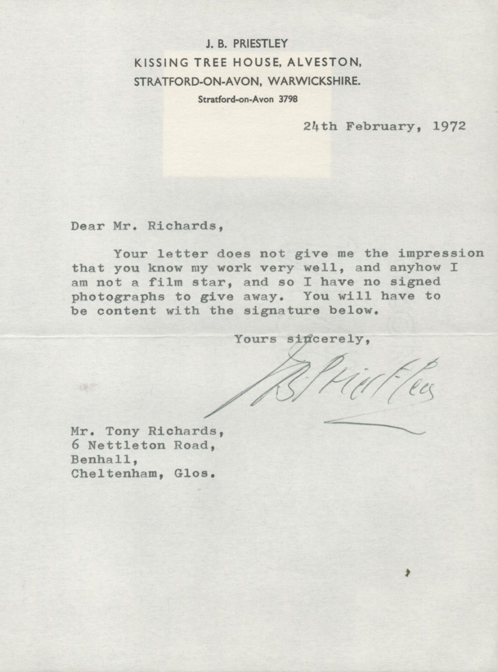 Lot 417: English novelist, playwright, screenwriter J. B. Priestley Signed...