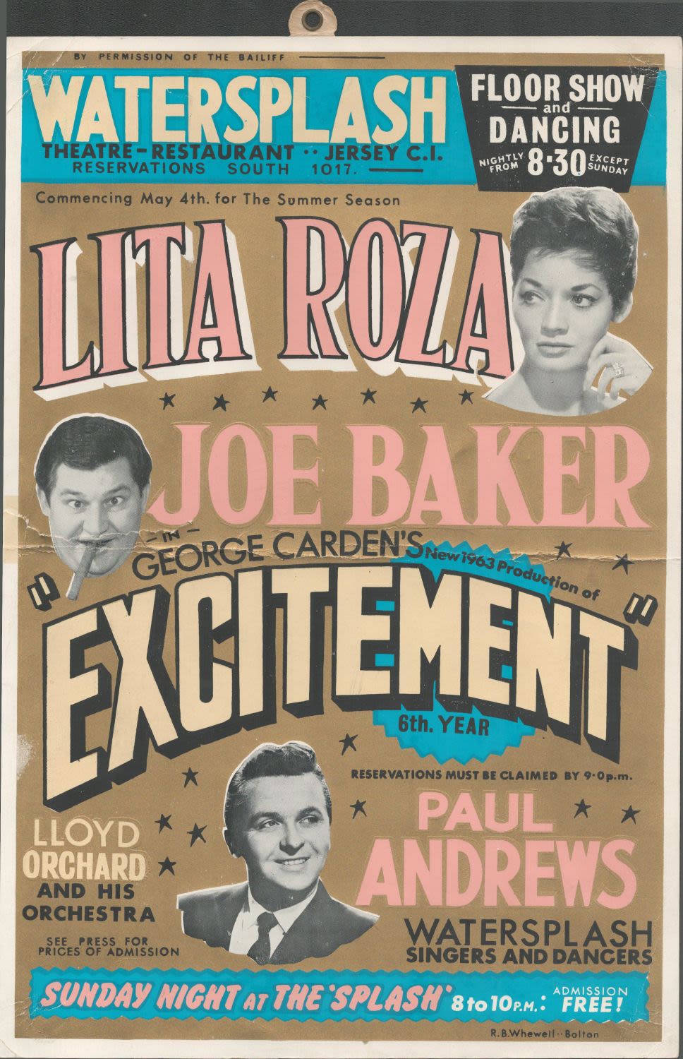 Lot 488: 1963 Watersplash Theatre Advertising Poster from Theatre-Restaurant, Jersey....