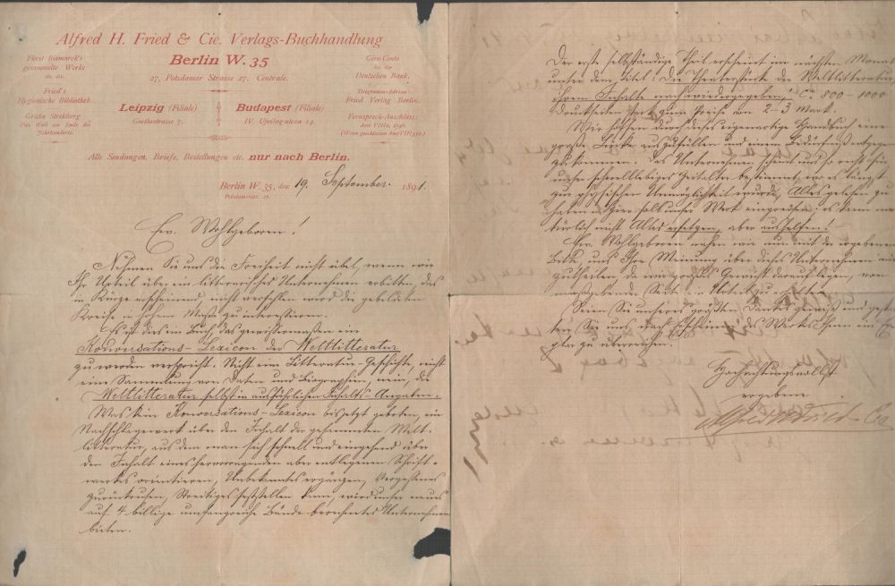 Lot 566: Alfred Hermann Fried Writer and pacifist ALS Dated...