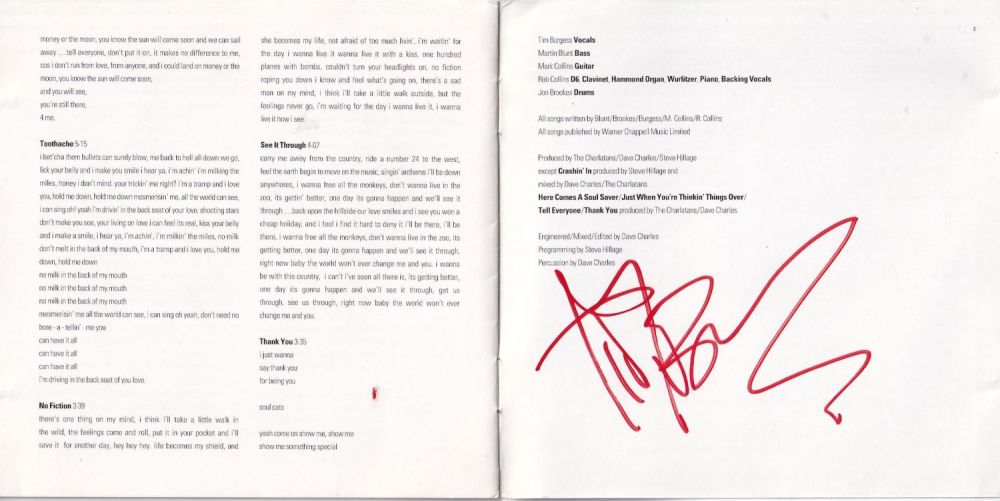 Lot 76: Tim Burgess, The Charlatans Signed CD Insert. Good...