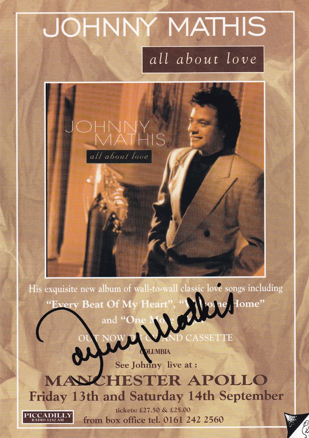 Lot 154: Johnny Mathis, Famous Singer Songwriter, Signed 7x5 inch...