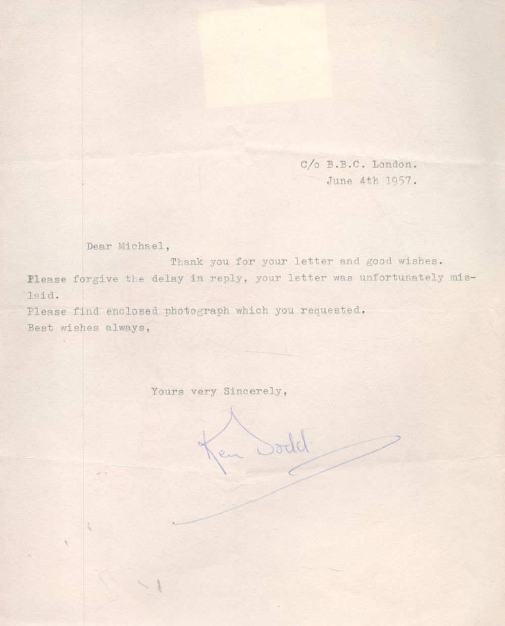 Lot 198: Ken Dodd TLS Dated 4th June 1957. Signed...