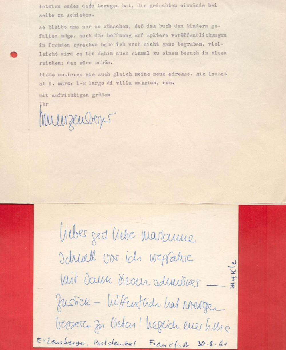 Lot 199: German Author Hans Magnus Enzensberger TLS Dated 16th...