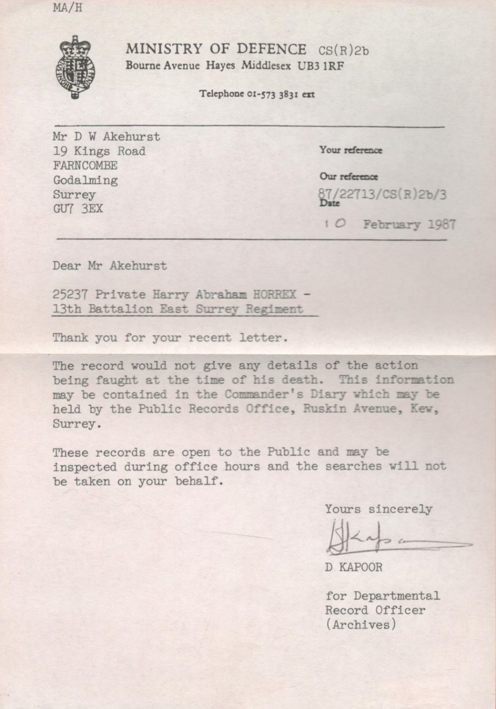 Lot 223: Ministry of Defence D Kapoor Signed TLS Dated...