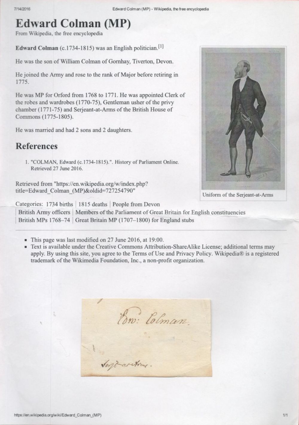 Lot 361: Late 1700's MP Edward Colman Signed Small Signature...
