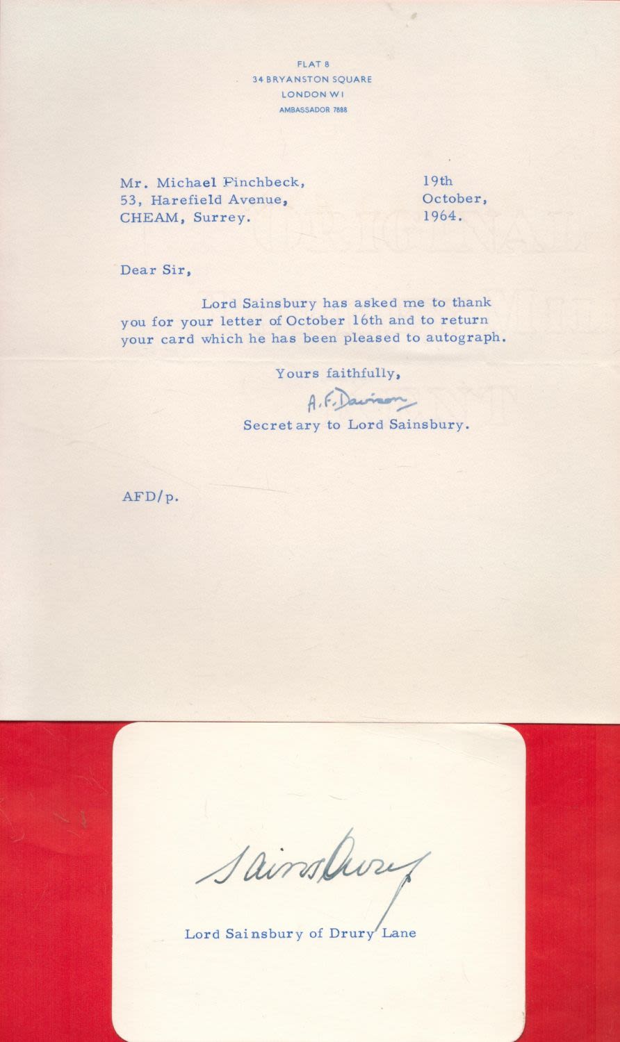 Lot 389: Lord Sainsbury of Drury Lane Signed 4. 5...