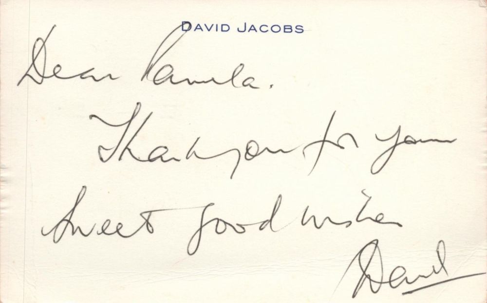 Lot 385: David Jacobs ALS white headed card. Jacobs was...