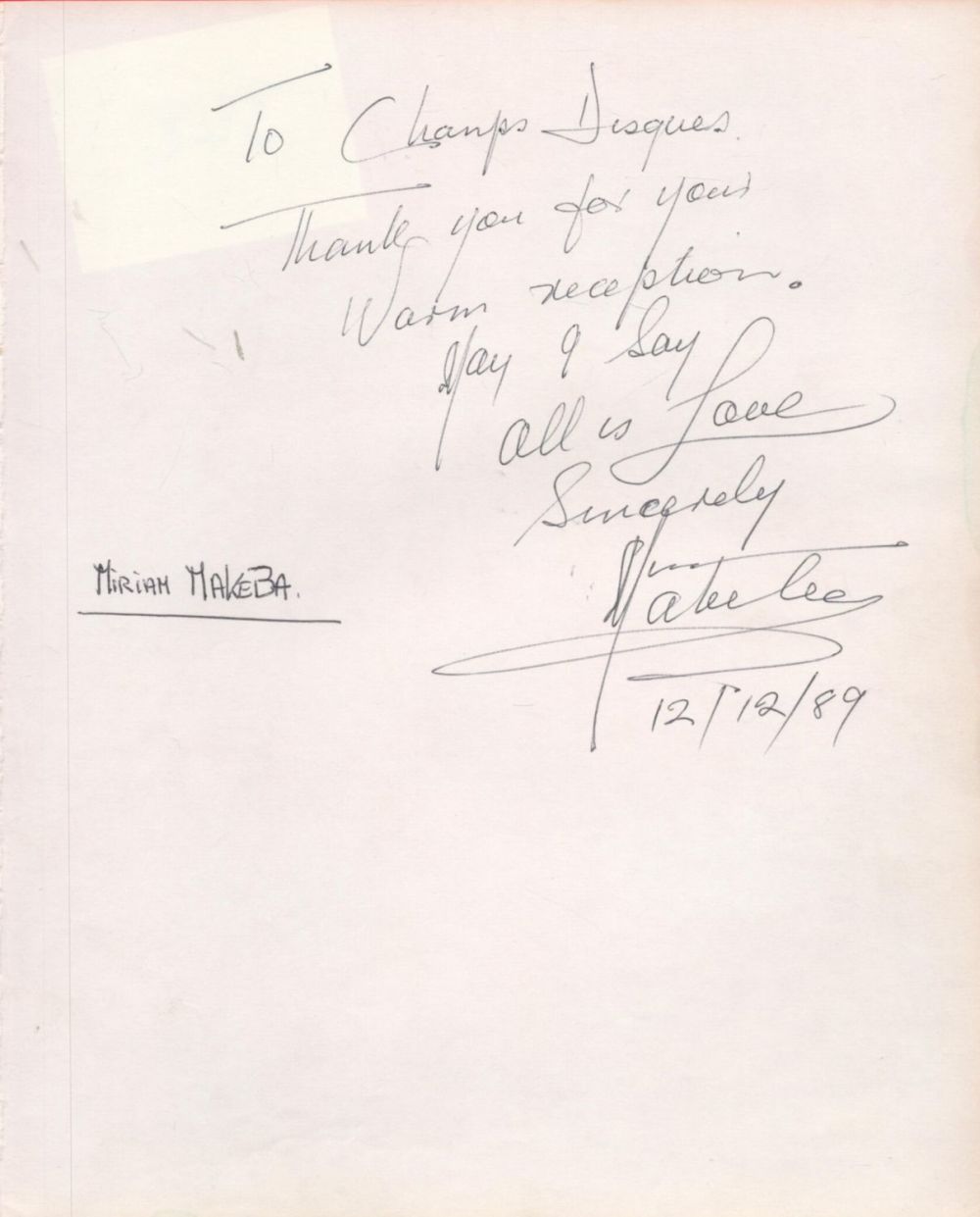 Lot 386: Miriam Makeba signed 8x7 page dedicated and inscribed,...