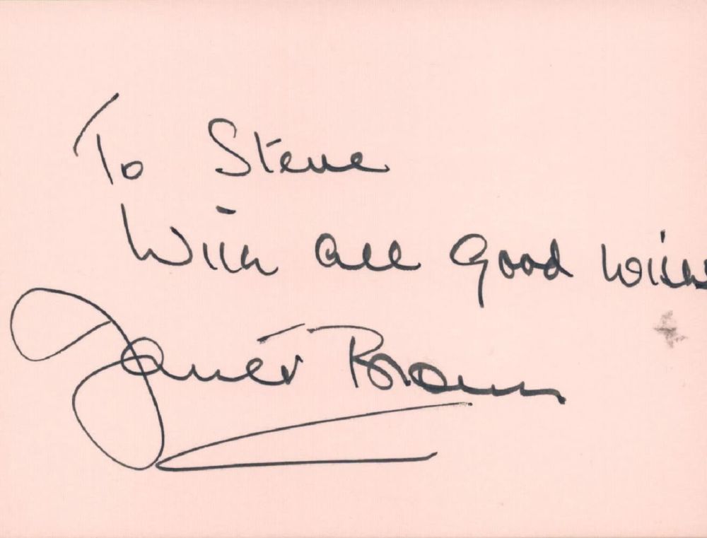 Lot 561: Janet Brown signed 3x4 orange card dedicated to...