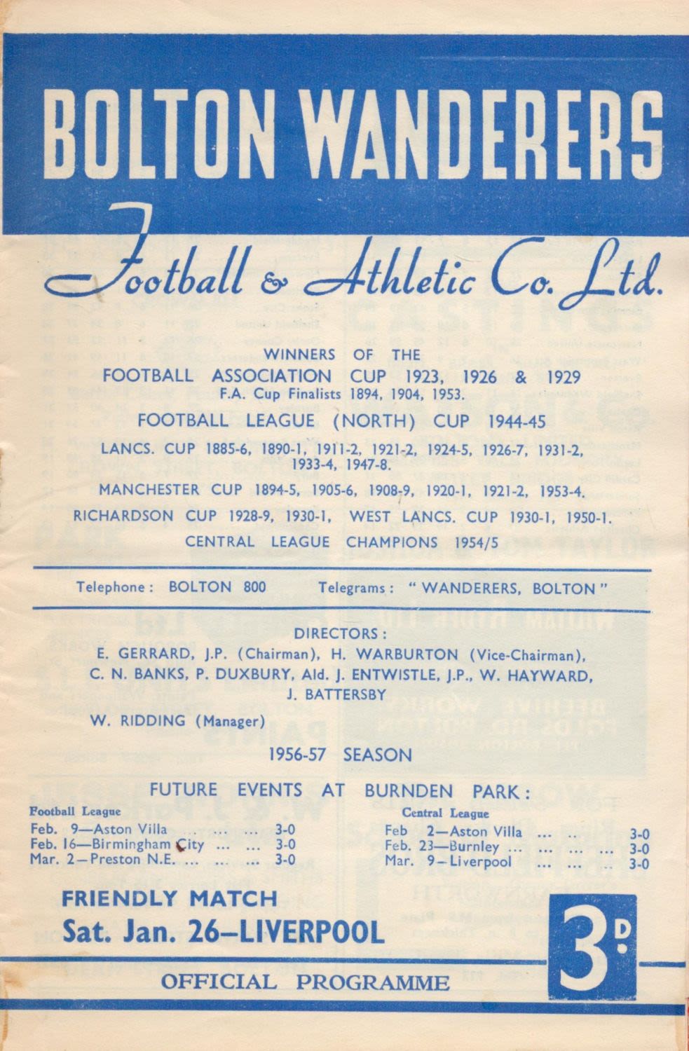 Lot 647: Bolton Wanderers Football and Athletic Club vintage programme...