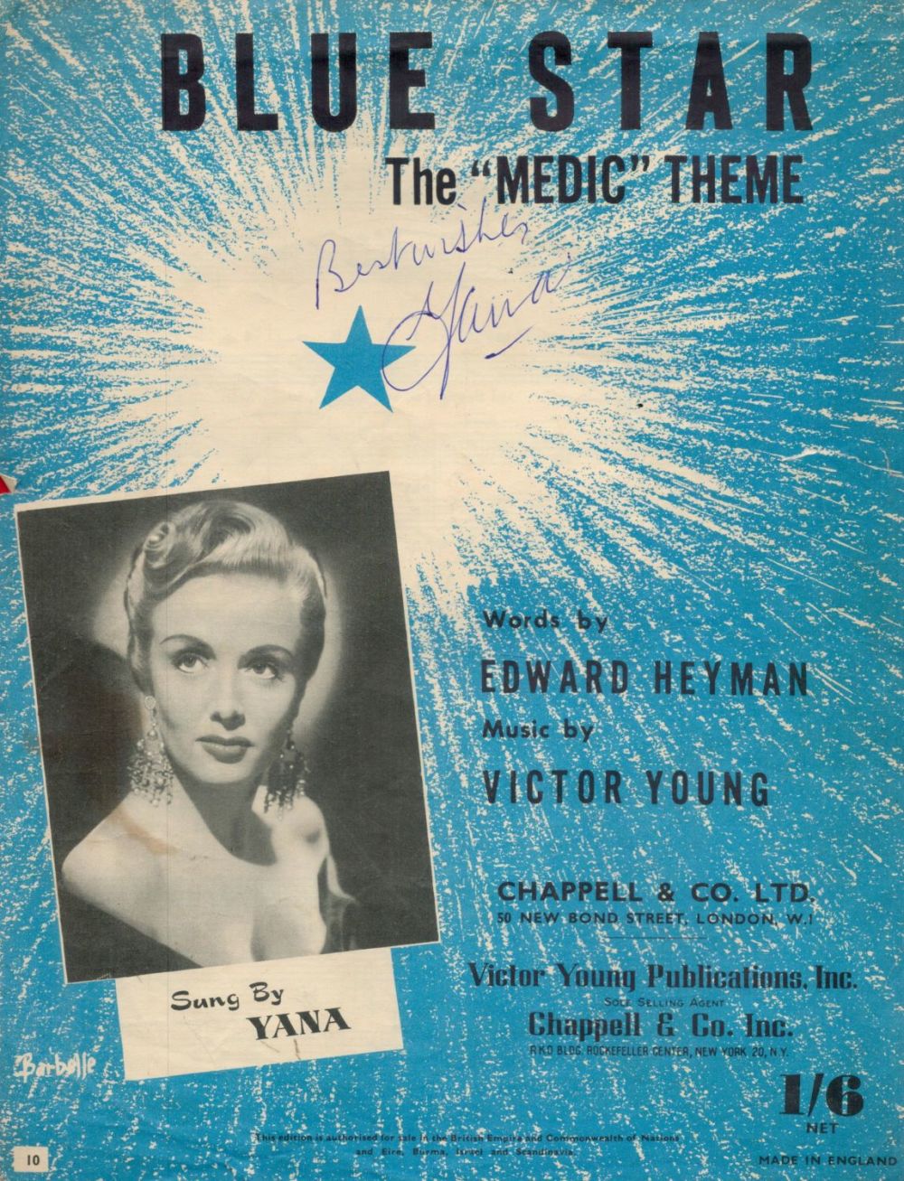 Lot 113: YANA (1931-1989) Singer vintage 1955 signed 'Blue Star''...