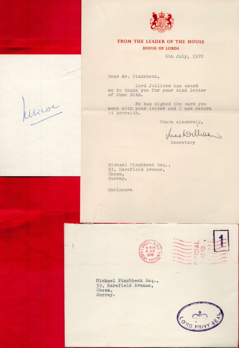 Lot 143: 2nd Earl Jellicoe signed card with House of...