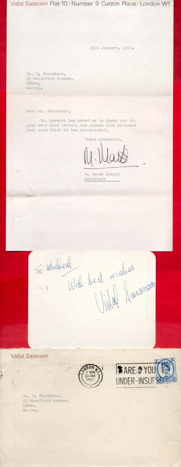 Lot 152: Vidal Sassoon CBE signed card, typed letter from...