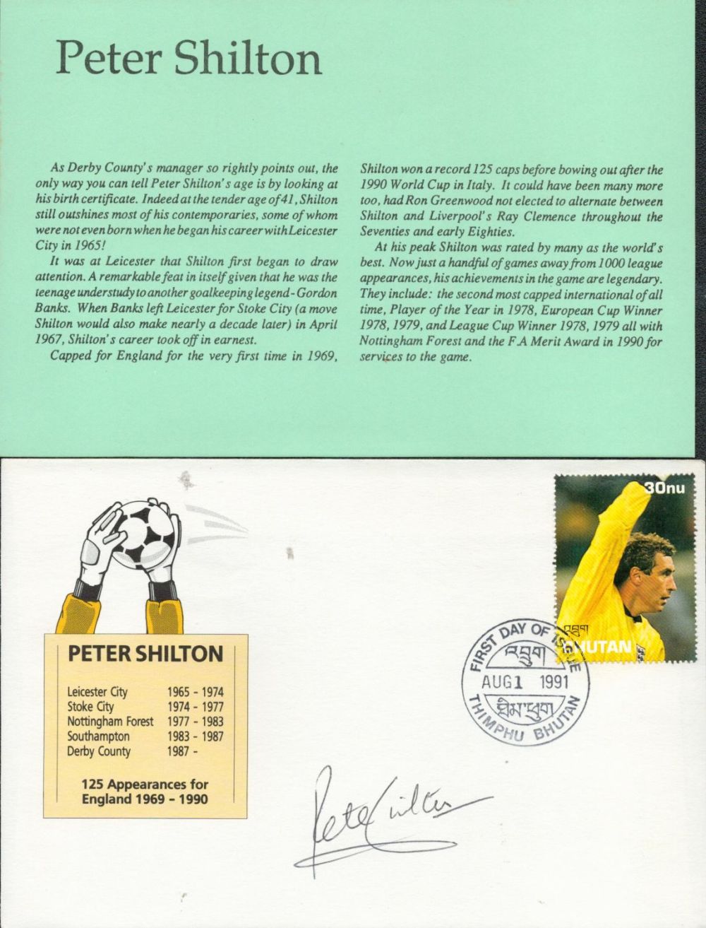 Lot 327: Football Peter Shilton signed 1991 football FDC with...