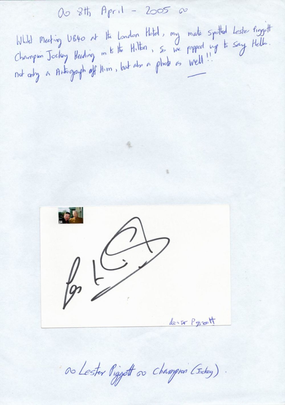 Lot 328: Lester Piggott Jockey signed white card fixed to...