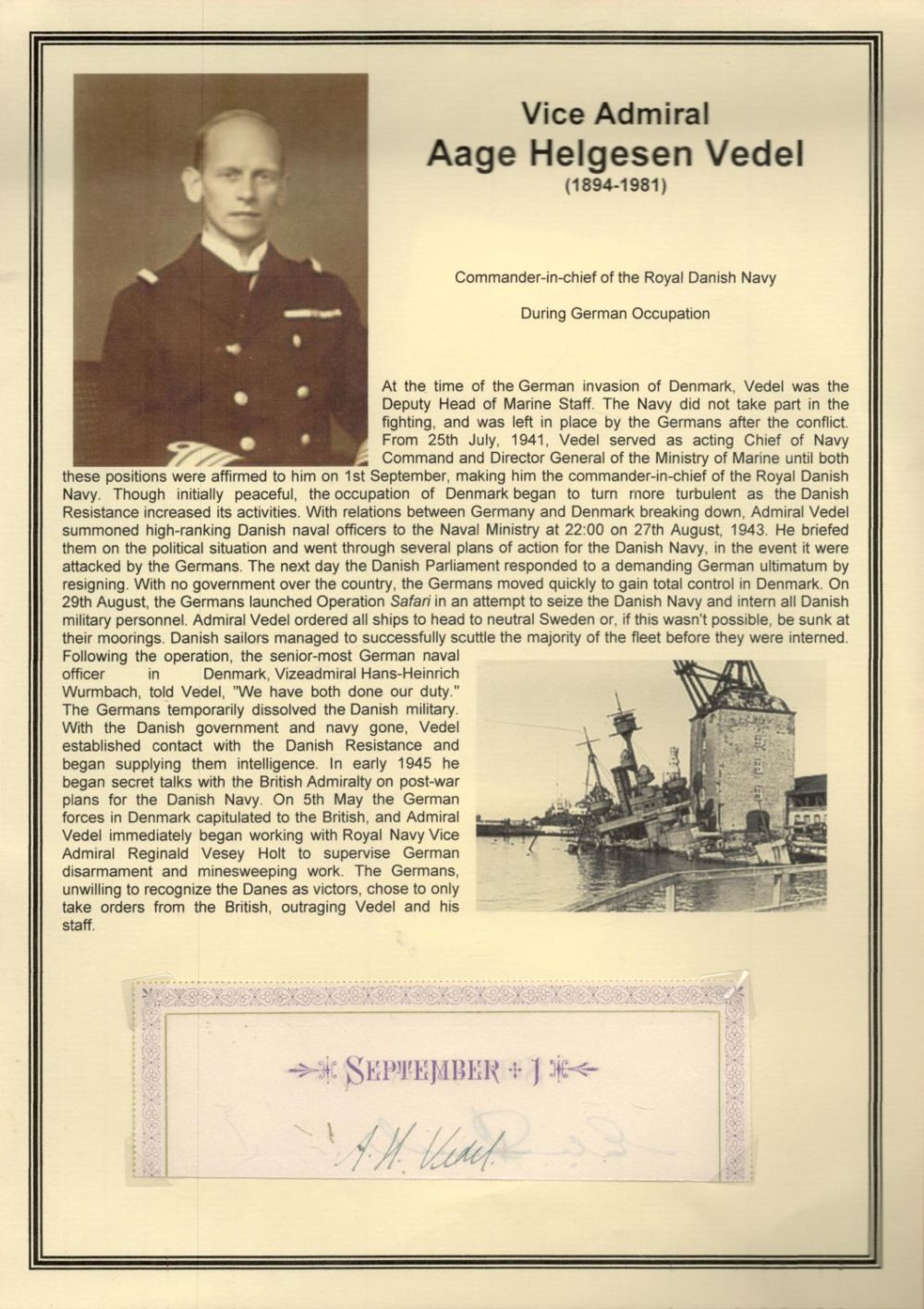 Lot 70: WW2 Vice Admiral Aage Helgesen Vedel Signed Signature...