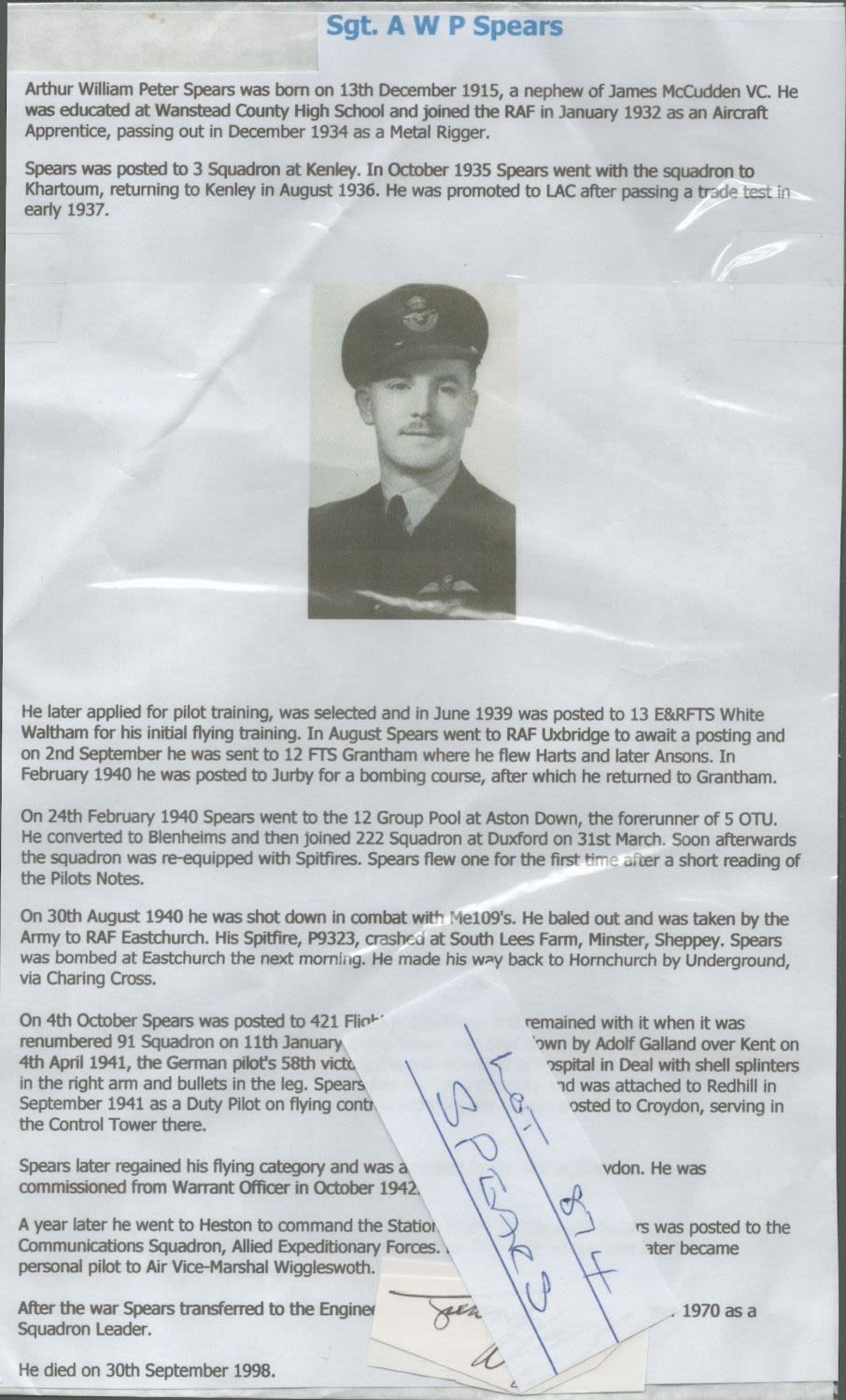 Lot 268: Sgt Arthur WP Spears Signed Small Signature Piece....
