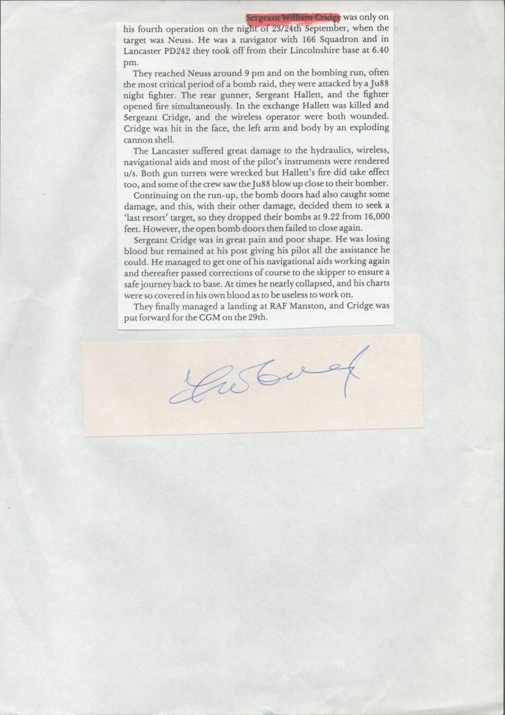 Lot 281: WW2 Sergeant William Cridge Hand signed Signature card...