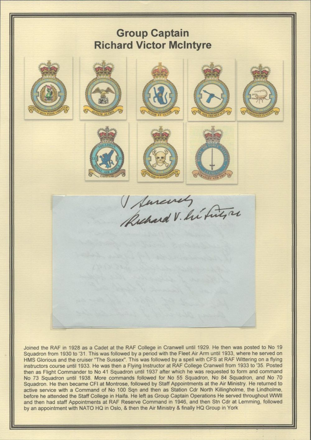 Lot 309: Group Captain Richard Victor McIntyre signed hand written...
