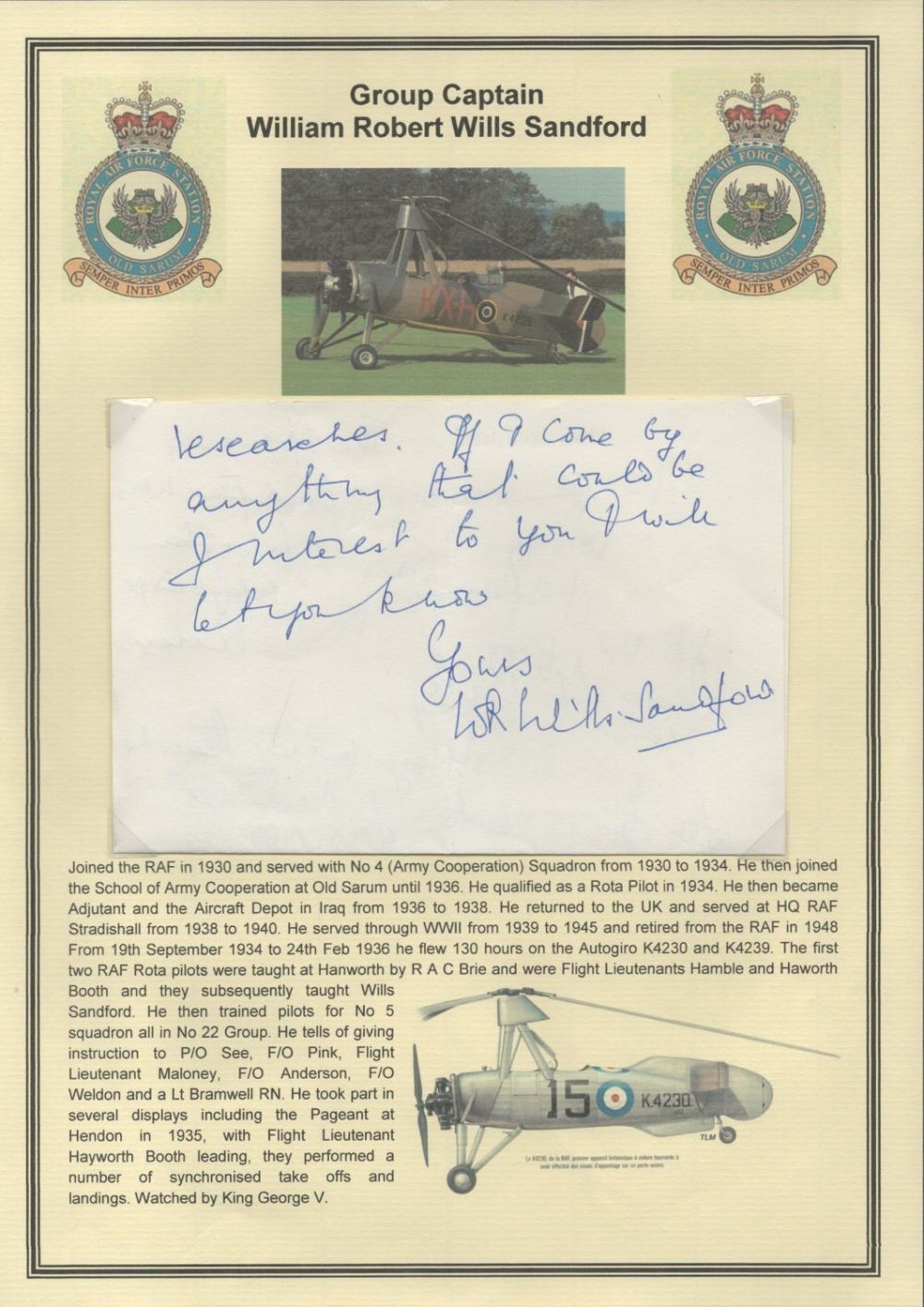 Lot 310: Group Captain William Robert Wills Sandford signed hand...