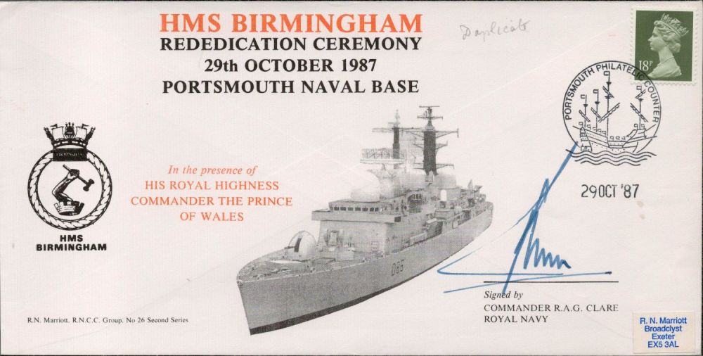 Lot 338: Commander RAG Clare RN Signed HMS Birmingham Rededication...