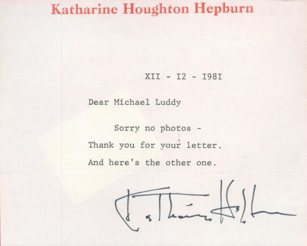 Lot 60: Katherine Hepburn signed typed note on headed paper....