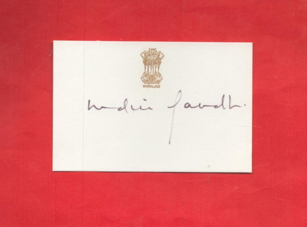 Lot 96: Indira Gandhi Indian Prime Minister signed embossed business...