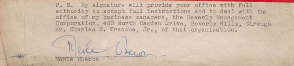 Lot 189: Merle Oberon Signed Piece of Contract. Signed in...