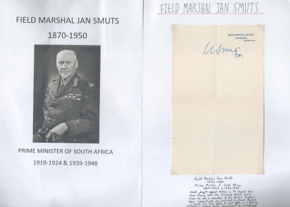 Lot 292: Field Marshal Jan Smuts signed 8x5 Doornkloof Irene...