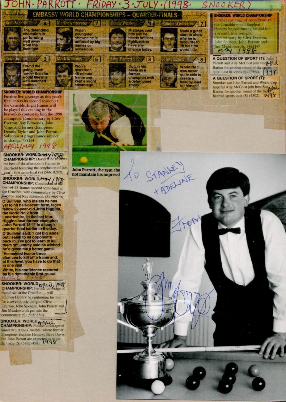 Lot 67: Snooker John Parrott signed 7x5 black and white...